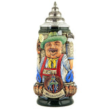 Colorful Beer Stein with Bavarian in his traditional attire.  In one hand he holds a pretzel in the other a full Beer Mug. In front of him is a Beer Barrel with a decorated Oktoberfest tree.