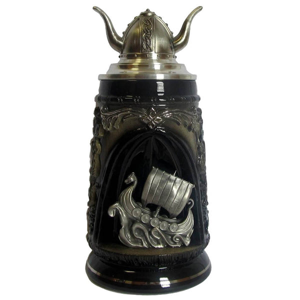 this Beer stein is all about Vikings. The Viking ship made out of real pewter in a grotto in the center and a pewter lid that looks like the helmet of a Viking are highlighted by the dark color of the Stein