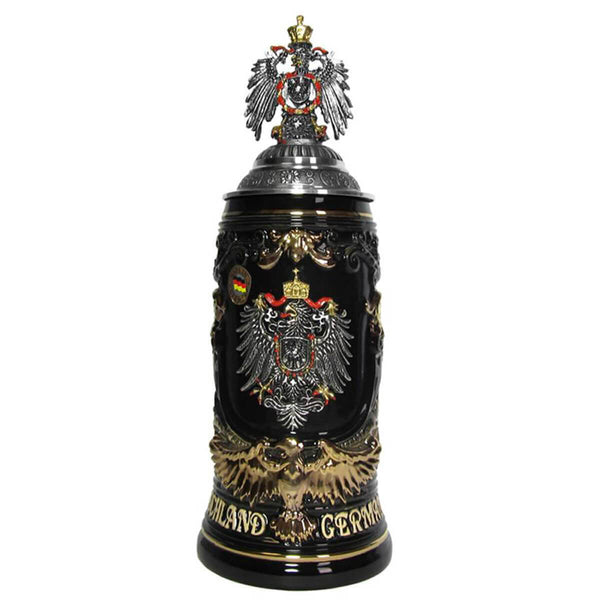 KING Beer Stein with a German Eagle incorporated on the front in pewter with an additional pewter Eagle on the lid of the Beer Mug. At the bottom rim is an inscription with "Deutschland - Germany"