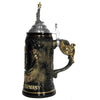 The side of the Beer Stein with a handle in the shape of an eagle painted with gold.