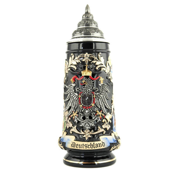 KING Beer Stein with Imperial Eagle made of pewter and a pewter lid. The black background color makes the Eagle and the Deutschland Banner stand out.