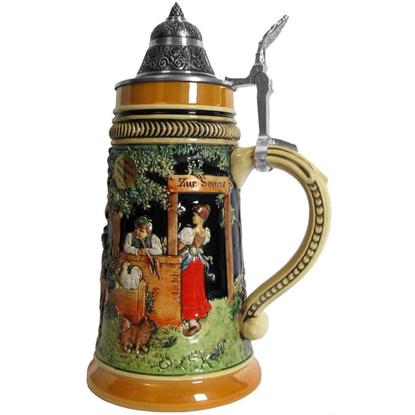 Beer Stein where you can see the Restaurant “Zur Sonne” with a waitress and a man smoking a long pipe. A chicken and a dog are very interested in all the activity.