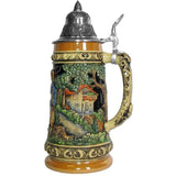 Side of Beer Stein with an inviting fisherman's hut. The upper and lower rim of the beer mug is decorated with small jumping trout. A decorated pewter lid is the perfect finishing touch. 