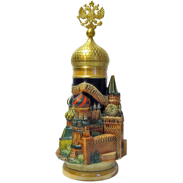 King Beer stein St. Basil's Cathedral in Moscow. The colorful roofs and buildings are nice accents to the cobalt blue background. The gilded Lid has the Russian double headed eagle on top.