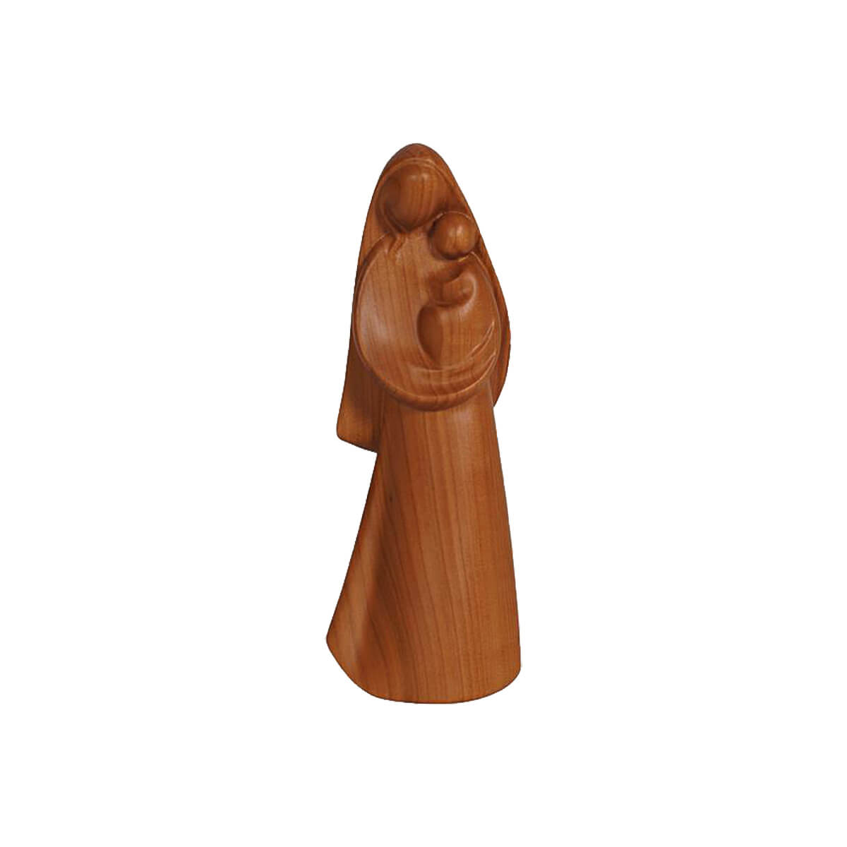 Stylized wooden statue of the Virgin Mary, standing and looking over the baby Jesus cradled in her arms.