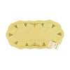 Oval champagne color table runner with scalloped edges. Outer border design of snow covered church and trees, with alternating star designs in between. Interior border is a design of golden threading with stars.
