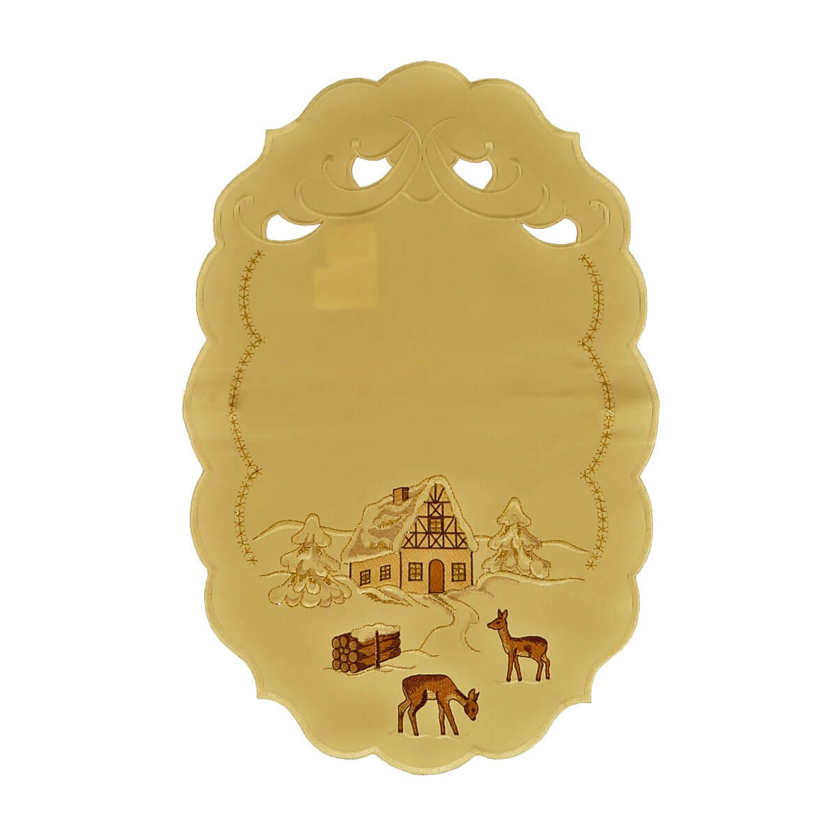 Cream color oval table runner linen, depicting a snowy landscape with a chalet, deer, trees, and a bundle of wood.