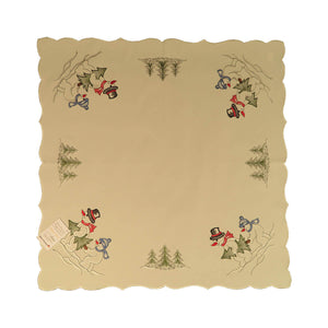 Square white tablecloth with a pair of snowmen in each corner carrying a Christmas tree, bordered by forest trees on either side of them.
