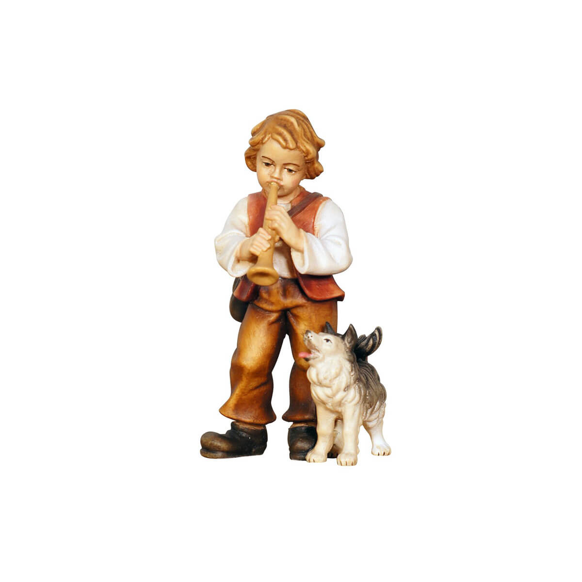 A standing blond shepherd boy, wearing a white shirt with a brown vest and brown pants, is playing his clarinet. His Spitz dog is standing by his left leg. The dog is looking up to him and is white with a dark back.
