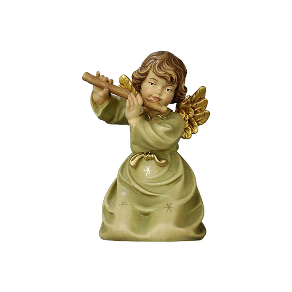 Kneeling Angel playing a flute. His golden wings match the green dress with small golden stars and a golden bow.
