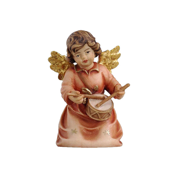 Kneeling Angel playing a drum. His golden wings match the red dress with small golden stars and a golden bow.