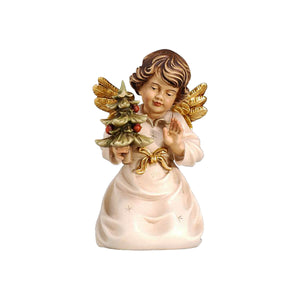 Kneeling Angel holding a small tree. His golden wings match the white dress with small golden stars and a golden bow.