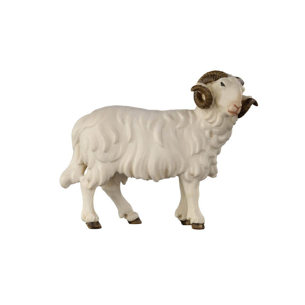 Adorn your holiday décor with this traditional PEMA Kostner Nativity. Each piece is meticulously hand-carved from wood and hand-painted. This standing white ram with dark curled horns is looking to the right. This classic design is sure to add a touch of beauty to your display.
