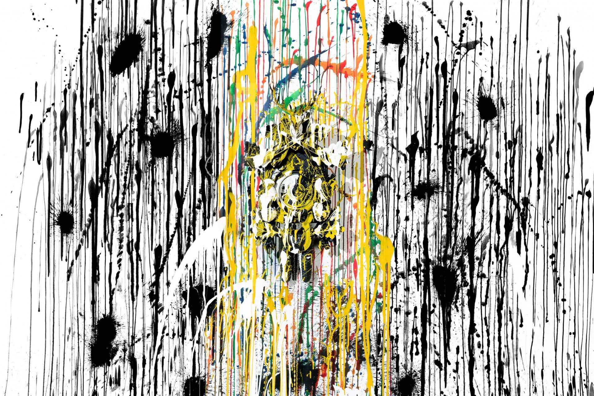 Faint cuckoo clock behind black and yellow vertical lines.