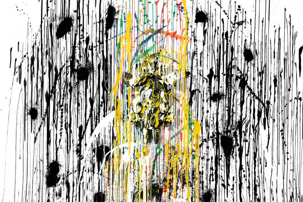 Faint cuckoo clock behind black and yellow vertical lines.