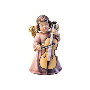 Sculpted wooden Sissi Angel figurine in pink dress with golden wings, playing a cello with a bow.