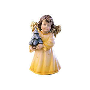 Sculpted wooden Sissi Angel figurine in a yellow dress with golden wings, holding a miniature tree with a star atop it.