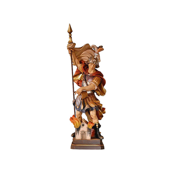 Sculpted wooden statue of St. Florian in a Roman military outfit, holding a spear, and dumping a bucket of water upon a burning building.