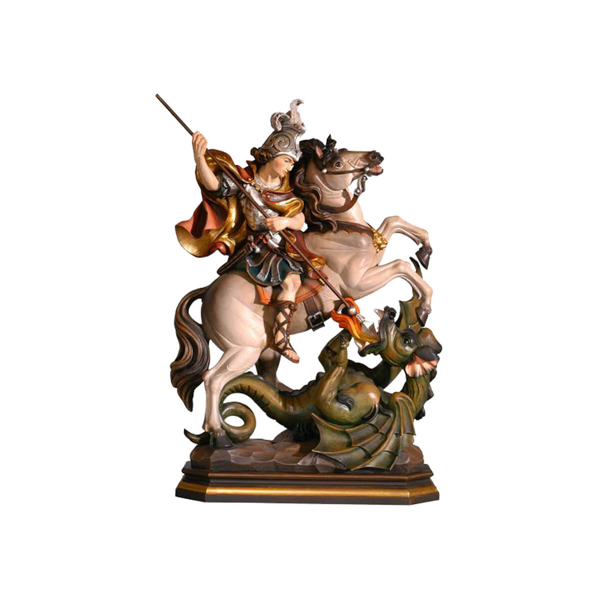 Sculpted wooden statue of St. George riding atop a rearing horse, thrusting a spear at a fire breathing dragon lying on the ground.