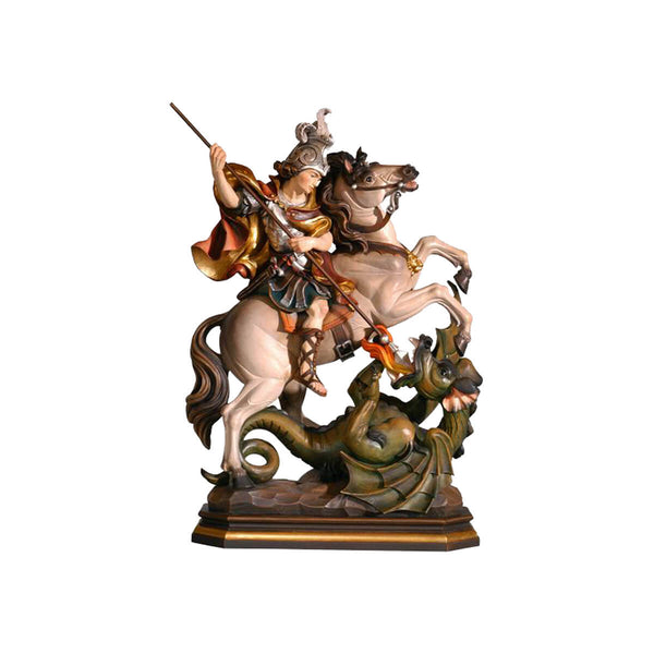 Sculpted wooden statue of St. George riding atop a rearing horse, thrusting a spear at a fire breathing dragon lying on the ground.