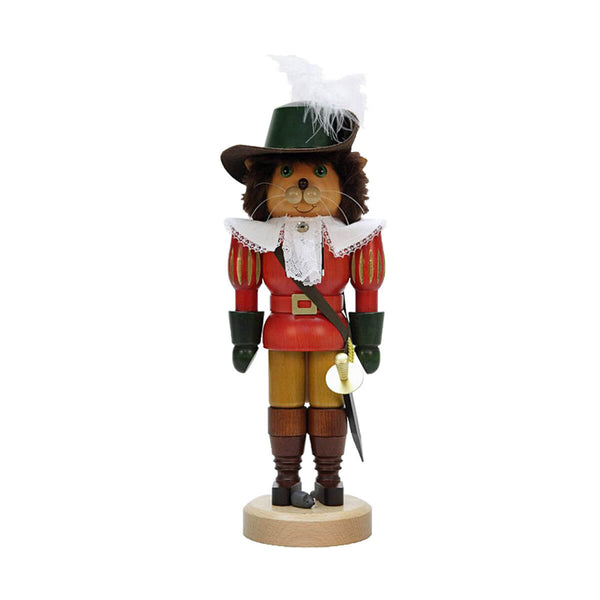 Christian Ulbricht Puss in Boots Glazed Nutcracker dressed as a musketeer with rapier, feathered hat, and mouse at feet, handcrafted in Germany.