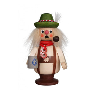 Small Bavarian man smoker, wearing lederhosen, with a scarf wrapped around his neck holding a pretzel. He holds a beer mug in one hand.