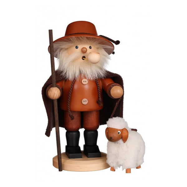 Christian Ulbricht Smoker Shepherd Natural holding staff and lamb, hand carved wooden incense smoker made in the Erzgebirge region of Germany