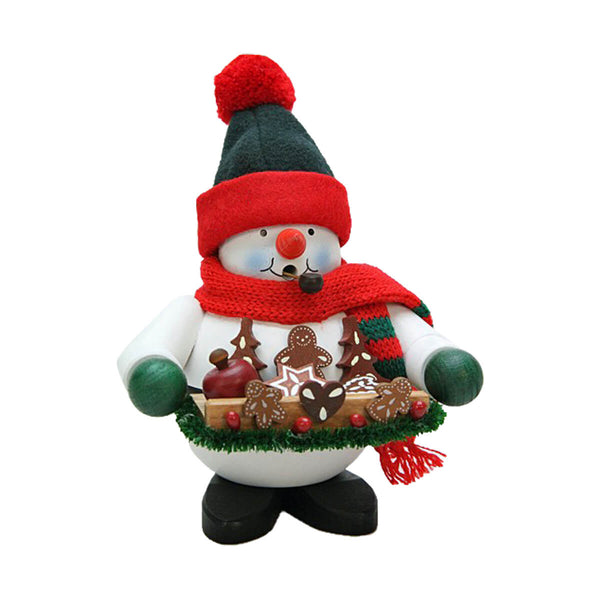 Christian Ulbricht Smoker Snowy with Gingerbread holding a festive tray of cookies, hand carved wooden snowman incense smoker made in the Erzgebirge region of Germany
