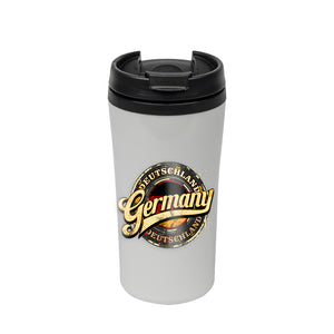 White thermal mug with black lid, and retro Germany logo over a German flag.