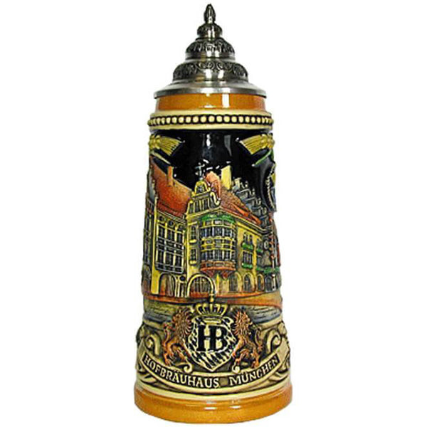 nicely colored King beer Stein with the Hofbrauehaus in Munich, the company logo and the main ingredients for brewing beer. With a richly decorated pewter lid
