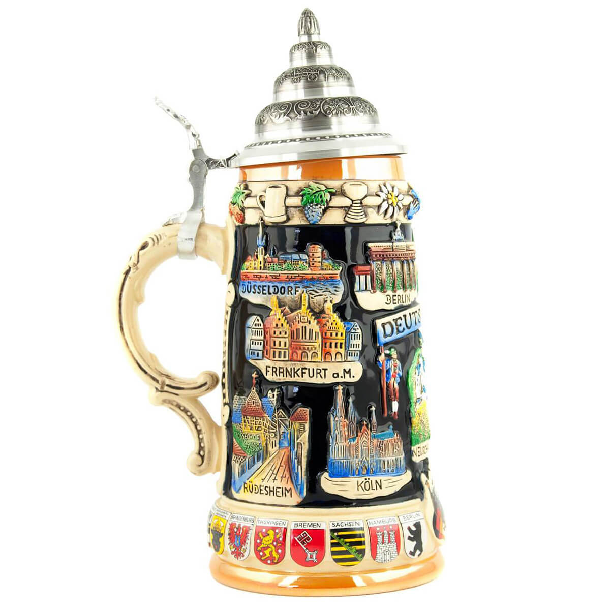 This side has the cities Duesseldorf, Frankfurt, Cologne and Ruedesheim. With the coat of arms from the German states on the bottom rim.