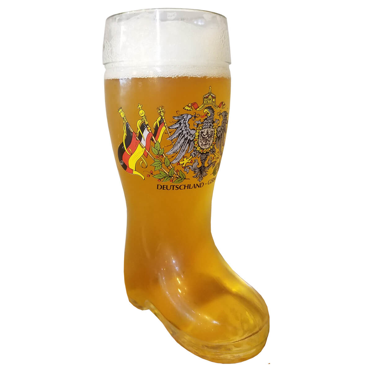 German Glass Beer Boot 1 Liter with Eagle Crest Questions & Answers