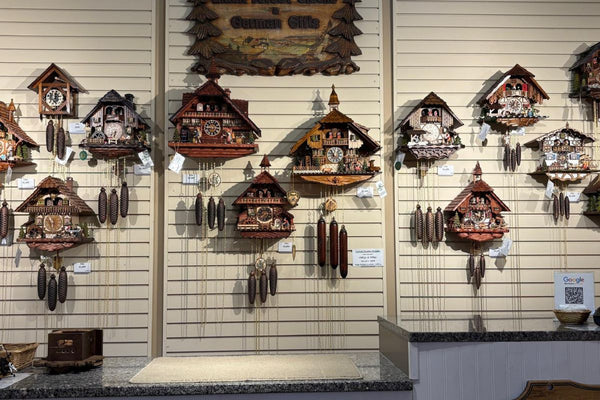 Wall full of cuckoo clocks made in germany