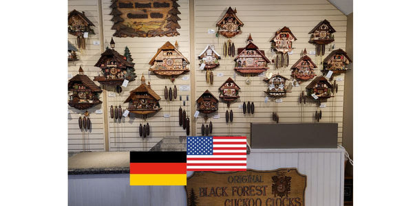 Wall of German black forest cuckoo clocks