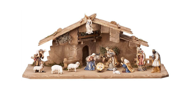 PEMA Kostner 15-piece wooden Nativity set, hand-carved figures from Val Gardena Italy, authentic Christmas décor sold by German Clocks and Gifts