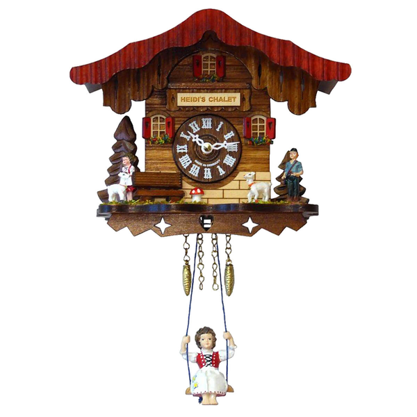 MIniature Kids Battery Cuckoo Clock with Heidi, Peter and two goats. The pendulum is Heidi sitting on a swing. 