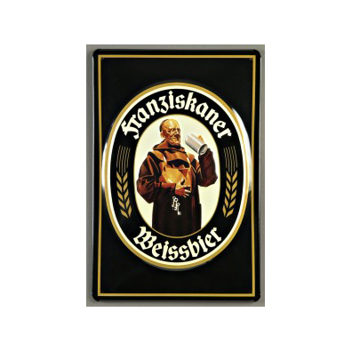 Metal Sign with the famous Franziskaner Monk drinking a sip of beer while holding his belly. 