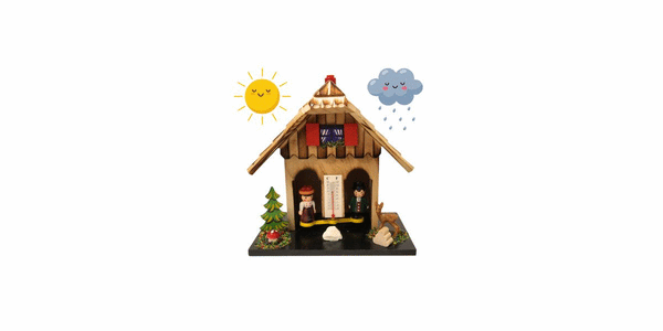 German Weather House with a Man and woman in traditional Black Forest Clothing taking their turn to come out. Between the two is a Thermometer.  In front of the house is a deer and a well.