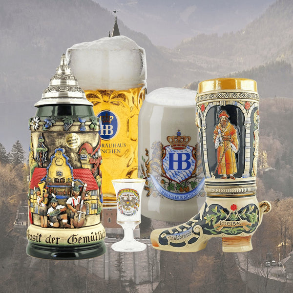 A German Shot Glass, a beer stein with an Irish Leprechaun and a German Masskrug
