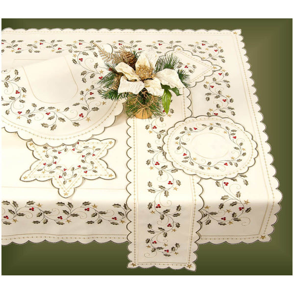 Linen Table Cloth - Champagne with Christmas Holly, Leaves & Vines