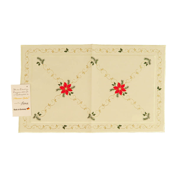 Table Linen - White with Embroidered Poinsettia & Green Leaves