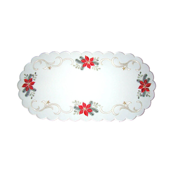 Linen Table Cloth - White with Poinsettias, Leaves & Gold Stars