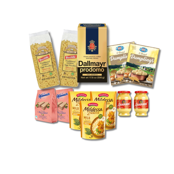 A grouped assortment of packaged food products on a plain white background, including Dalmay prodomo pasta, Dumpli dumplings, Heinz Wiener Schnitzel, Heinz Mild Dessert, and Heinz Sauerkraut.