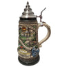 Side view of Dublin Ireland Beer Stein with Pewter Lid, featuring landmarks such as Trinity College, the General Post Office, and St. Patrick's Cathedral, crafted from ceramic and pewter
