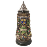 Front view of Dublin Ireland Beer Stein with Pewter Lid, featuring Dublin's coat of arms, a map of Ireland, and a cheerful leprechaun, crafted from ceramic and pewter.