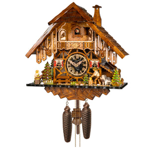 Engstler's 8-Day Cuckoo Clock featuring wood chopper, owl, and unique plexiglass front