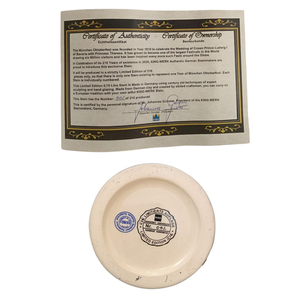 Certificate of Authenticity and numbered base of the Annual 2026 Oktoberfest Munich limited edition German beer stein by KING Werk.