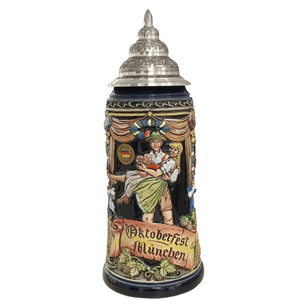 Annual 2026 Oktoberfest Munich limited edition German beer stein by KING Werk featuring a Bavarian dancing couple with pewter lid.