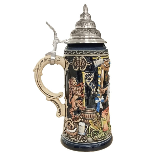 Side view of the Annual 2026 Oktoberfest Munich beer stein featuring the year 1810, Bavarian lion, pretzel, beer barrel, and traditional Oktoberfest symbols.