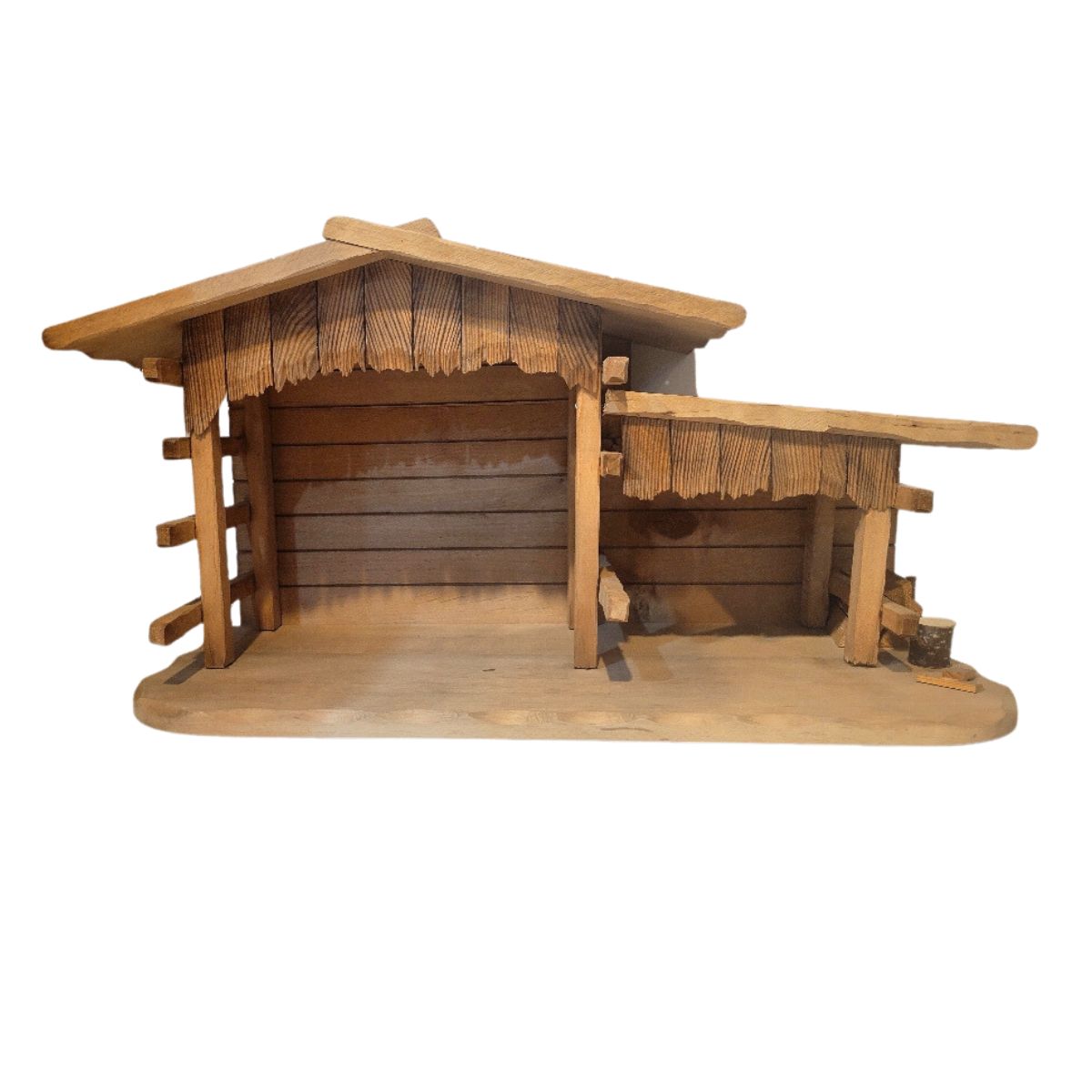 Hand-crafted Alpine wooden nativity stable with solid plank roof, designed for 6-inch ANRI nativity figures